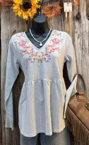 Babydoll Knit Top with Embroidery Floral Details Long Sleeves