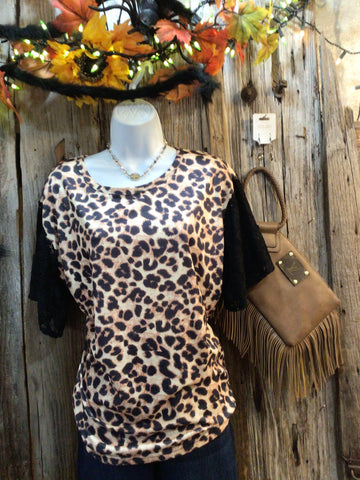Leopard Print Top with Crochet Sleeves