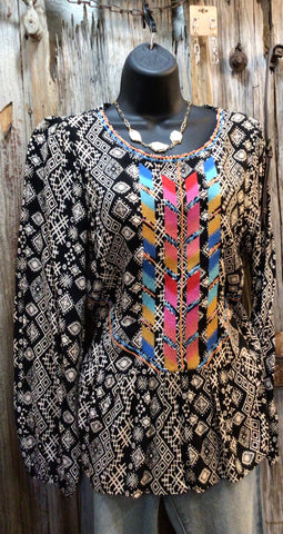 Black & Ivory Print Top with Embroidery Long Sleeves