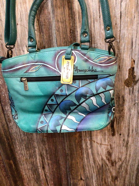 Anna by Anuschka Hand Painted Leather Patchwork Garden Green Handbag w/ Card Case