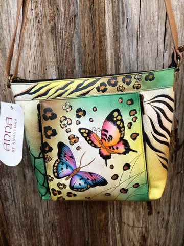 ANNA by ANUSCHKA Women's Hand Painted Leather Animal Butterfly Crossbody