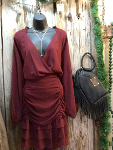 Satin Dress with Ruching Skirt, Surplice Top Bodice. Zipper Closure on Back, Goddess, Wine
