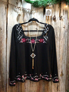 Black Top with Embroidered Flowers