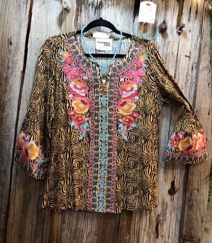 Mocha & Black Design with Floral Embroidery Top