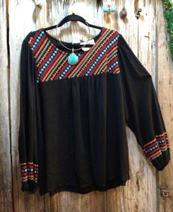 Black Top with Embroidery Chest & Sleeve, Long Sleeve, Goddess