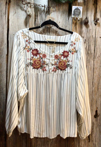 Ivory & Black Top with Rust Floral Embroidery, Long Sleeves, Goddess