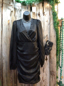 Satin Dress with Ruching Skirt, Surplice Top Bodice. Zipper Back, Black