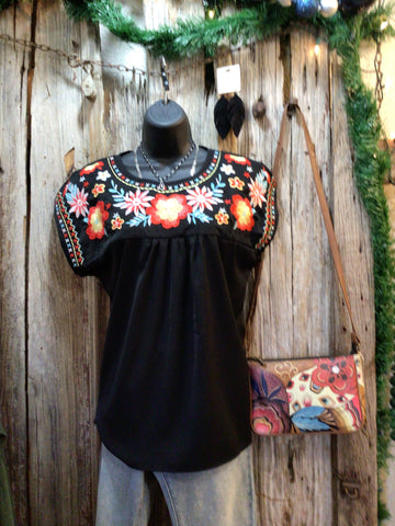 Black Top with Floral Embroidery