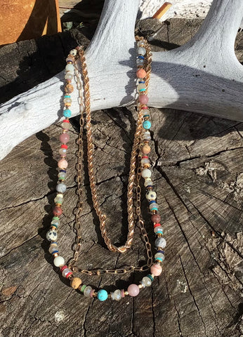 3 Strand Gold and Multi Colored Necklace