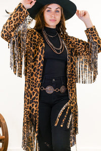 Leopard French Terry All Around Fringe Long Sleeve Cardigan