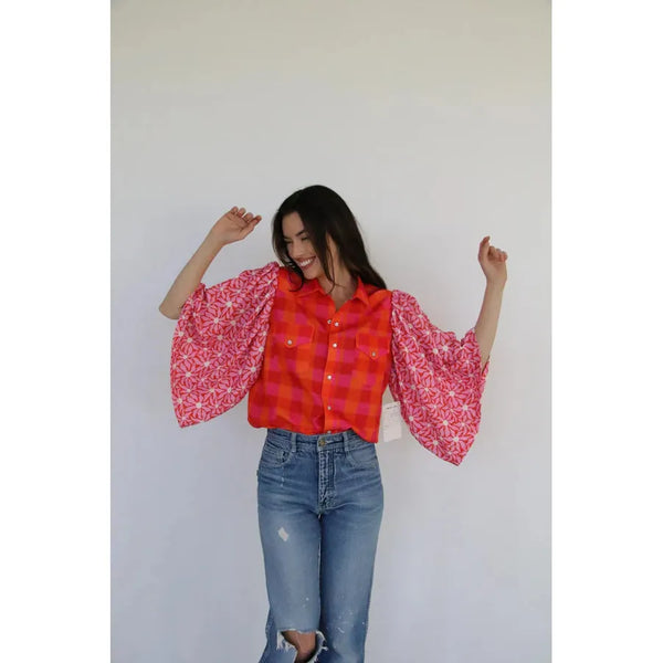 Mixed-Print Pearl Snap Western Top