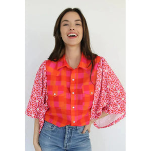 Mixed-Print Pearl Snap Western Top