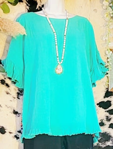 Turquoise Linen Top with Floral Back
