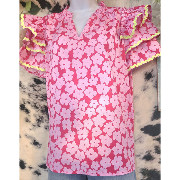 Pink FloralTop with Green Trim on Sleeves