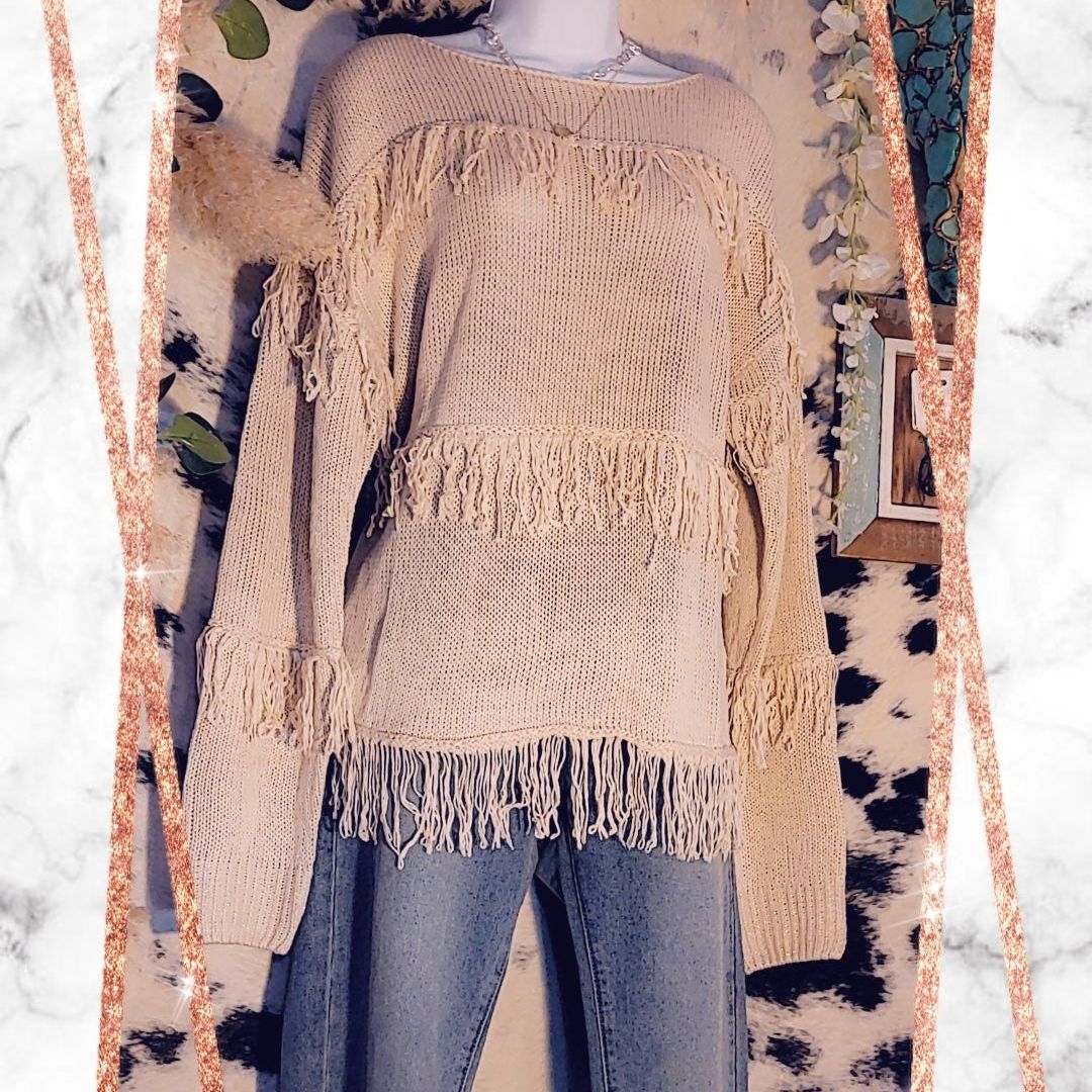 Glittery Ivory Sweater with Fringe