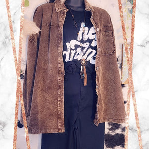 Acid Wash Oversized Cotton Waffle Shacket, Dark Brown