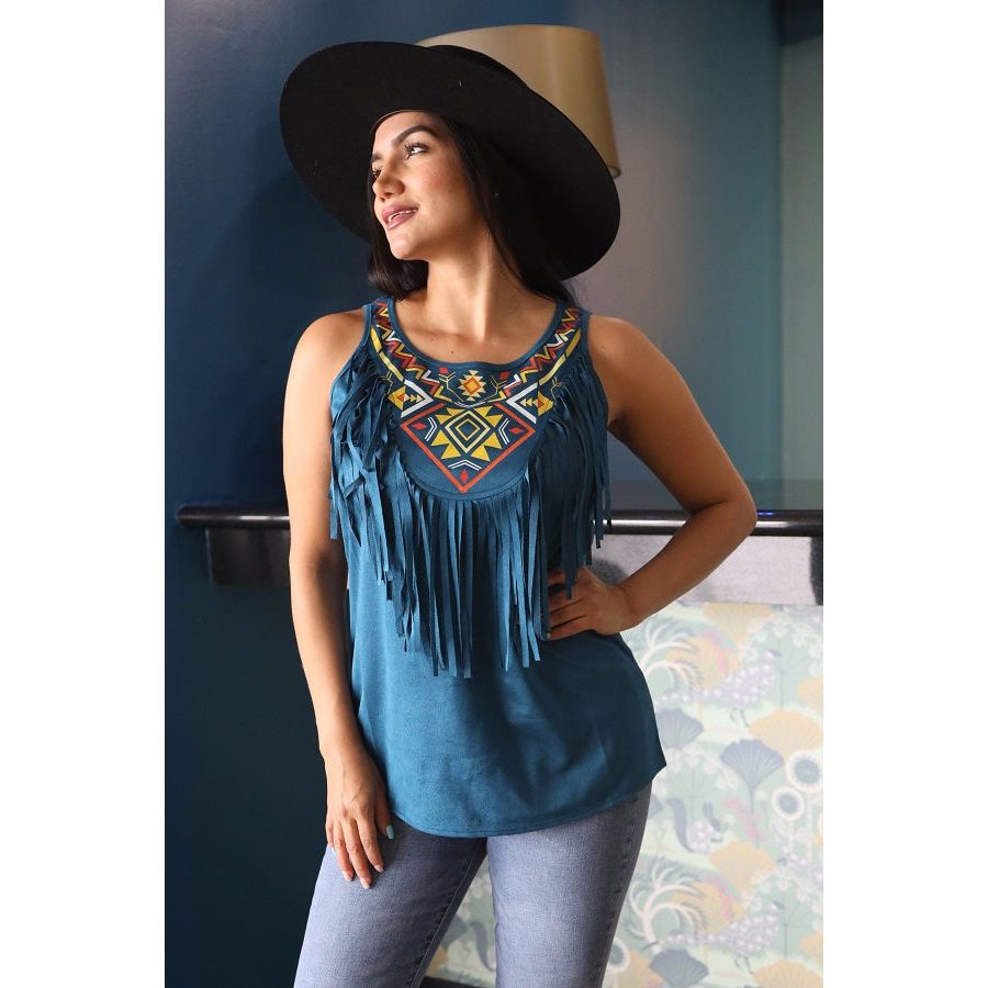 Jade Front Fringe Aztec Detail Top