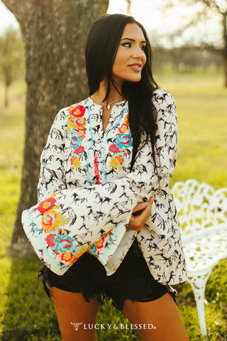 Horse Floral Printed Detail Bell Sleeve Blouse