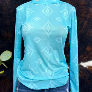 Jade Aztec Printed Long Sleeve Mesh Top