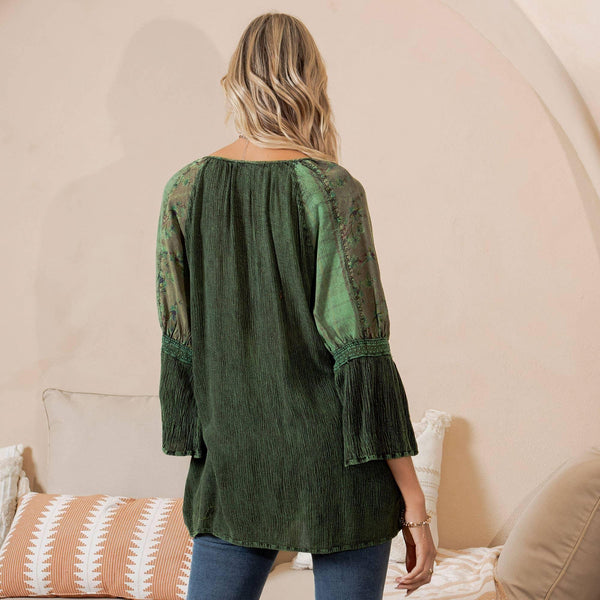 Peasant Top with Print Checks Patchwork: Basil