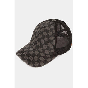 C.C Checkered Pattern Criss Cross Back Cap: Black