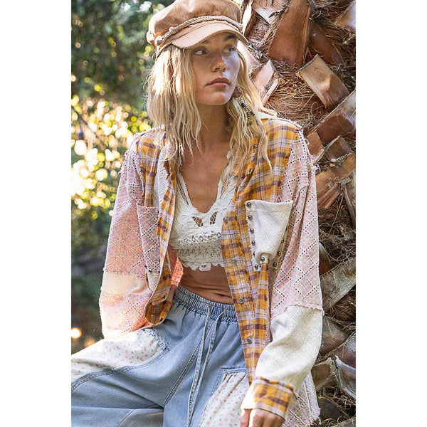 Oversized long sleeve lace contrast shirt in plaid