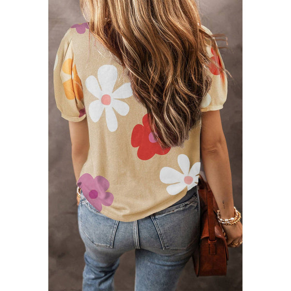 Retro Floral Bubble Sleeve Tee, Apricot