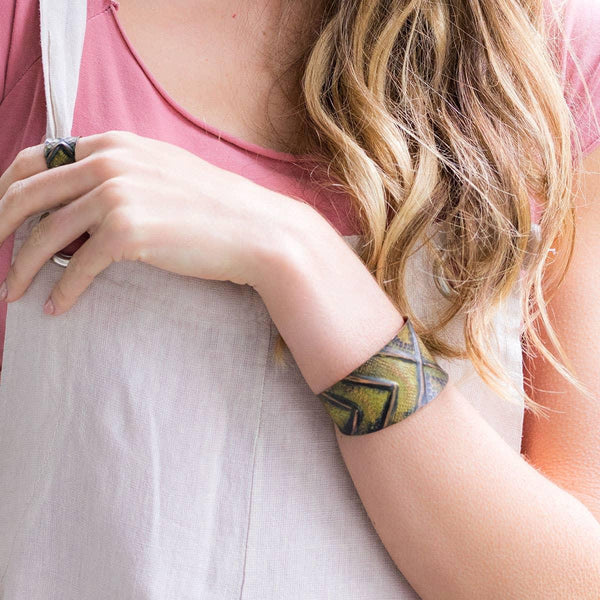 Copper Patina Bracelet - Light Green Lines and Rivets