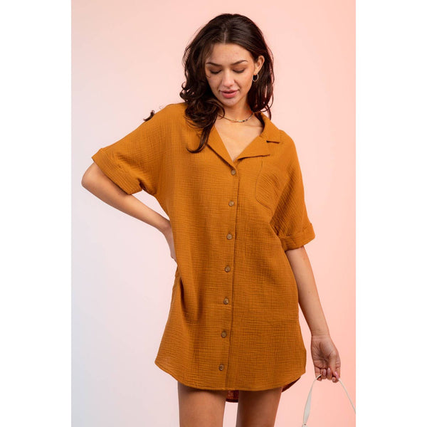 Half Sleeve Cutout Back Shirt Dress