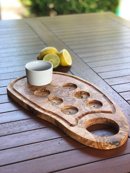 Liquor serving board approx. 40 — 44 cm olive wood, shipped from Germany