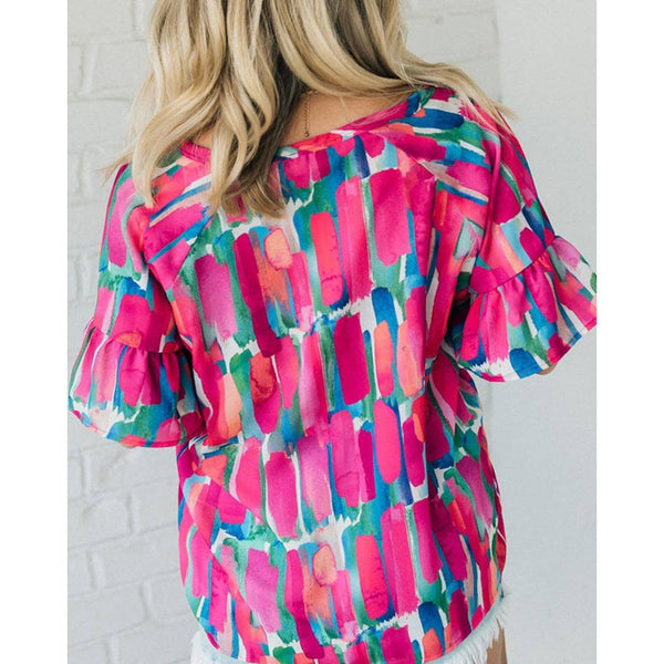 Abstract Ruffle Buttoned Blouse, Goddess