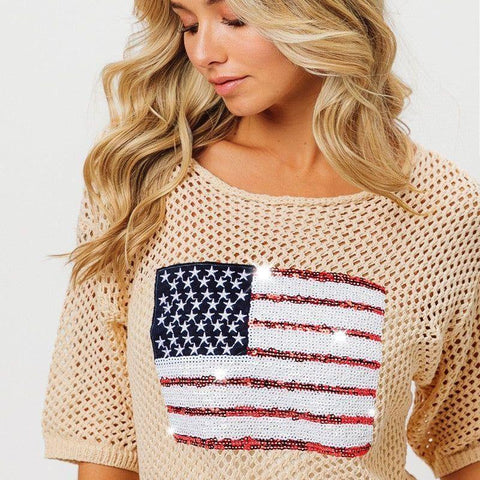 Sequin American Flag Knit Cover Up, Oatmeal