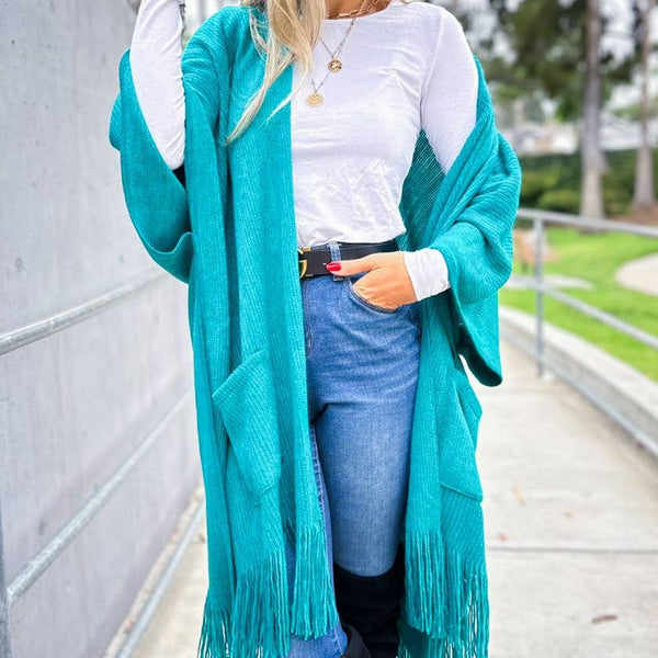 Teal Soft Knitted Pocket Kimono Cardigan With Fringe: Teal / One Size