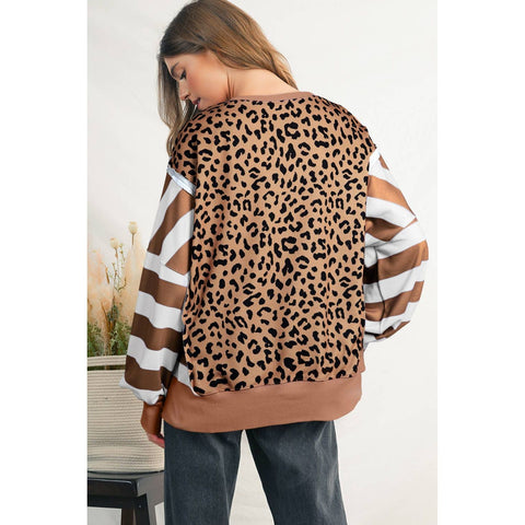 Stripe Leopard Side Slits Sweatshirt