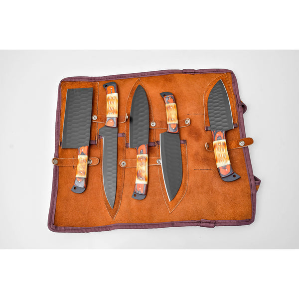 5-Piece  Knife Set / With Leather carry Bag Burnt Bone