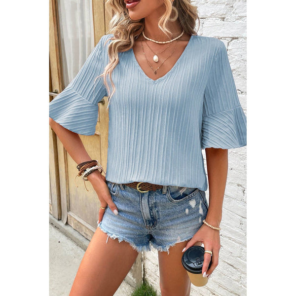 Ruffle Short Sleeve V-Neck Top, Beau Blue