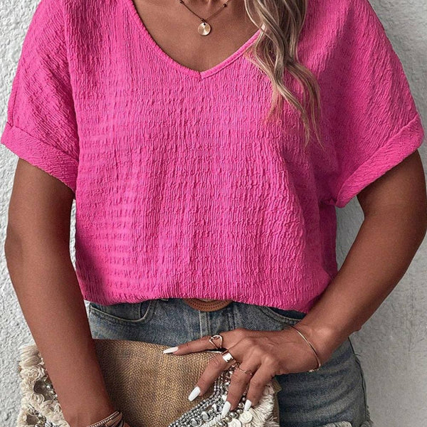 Crinkle Short Sleeve V-Neck T-Shirt Goddess Size: Bright Pink