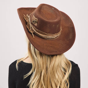 Distressed Fabric Band Rustic Cowgirl Fedora Hat