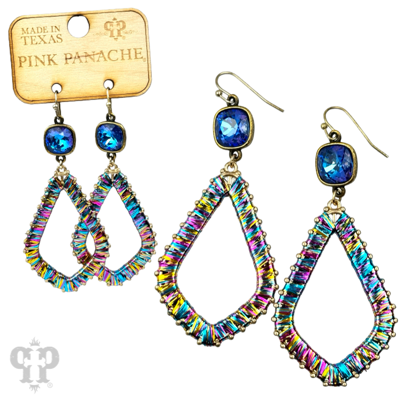 Tinsel wrapped diamond teardrop and crystal earring: Blue