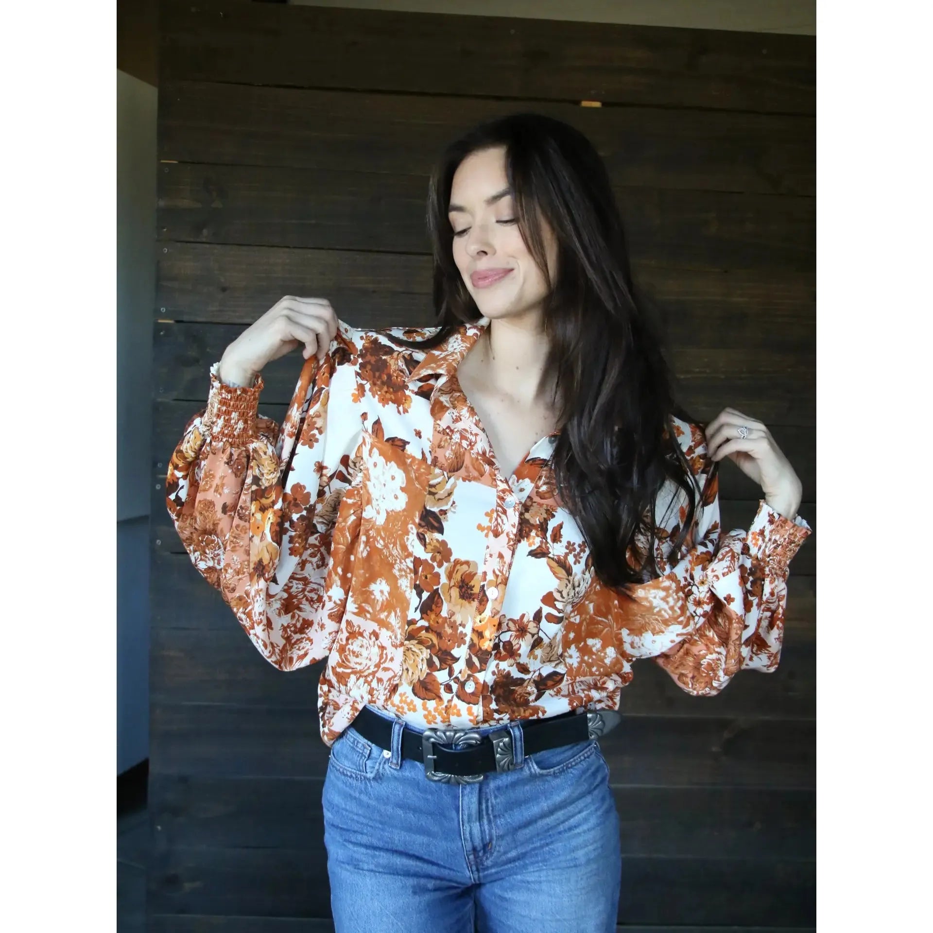 Rust Floral Top With Bell Sleeves