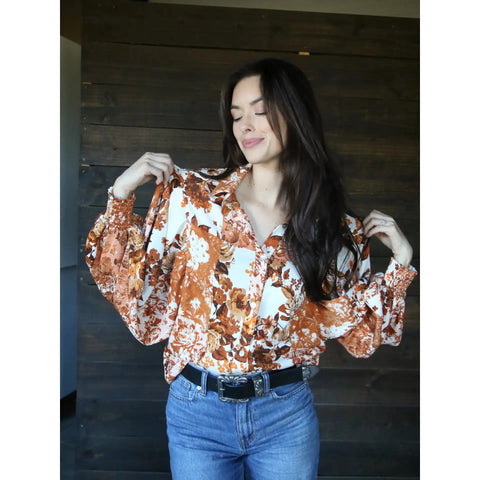 Rust Floral Top With Bell Sleeves