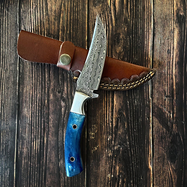 Damascus Hunting Knife Dyed Blue Bone Handle