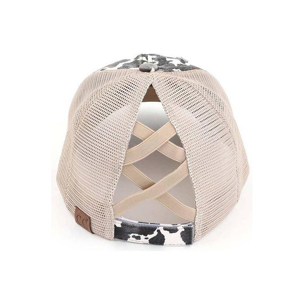 C.C Cow Print Mesh Criss Cross Ponytail Baseball Cap