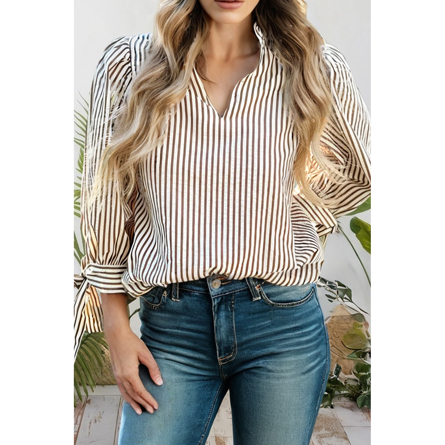 Striped Frill V Neck Knot Bracelet Sleeve Blouse