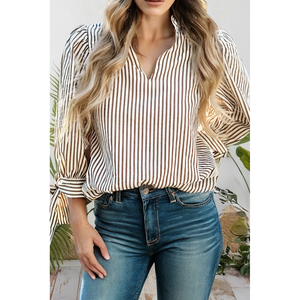Striped Frill V Neck Knot Bracelet Sleeve Blouse