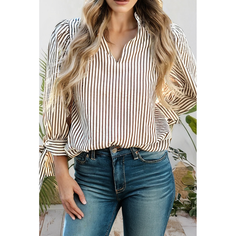 Striped Frill V Neck Knot Bracelet Sleeve Blouse