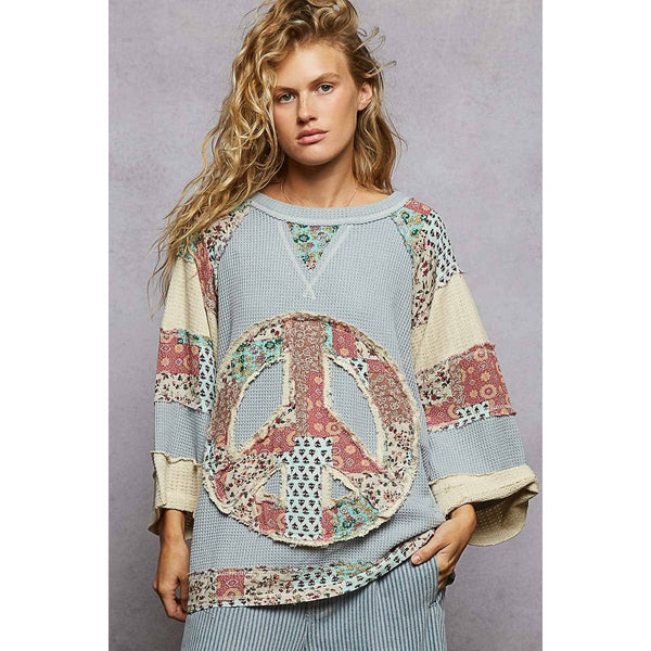 Round Neck Printed Peace Patch Overlock Stitch Knit Top