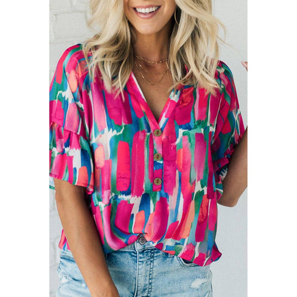 Abstract Brushwork V-Neck Blouse, Rose