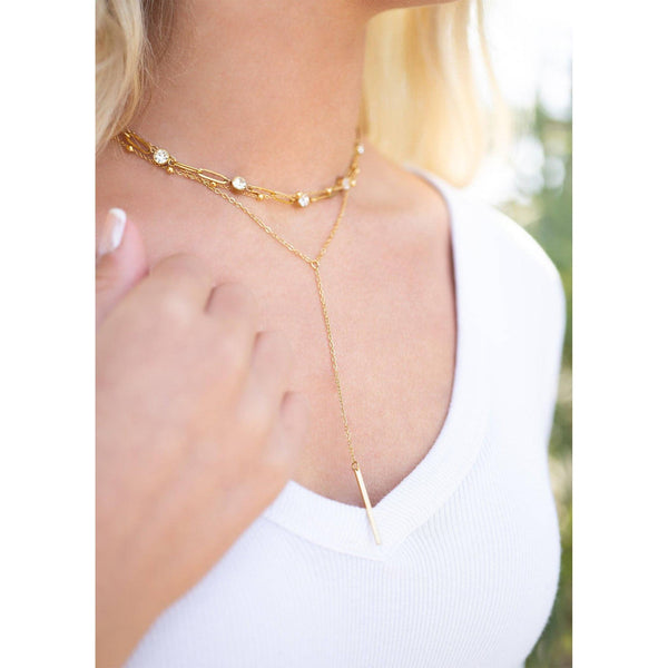 18K Gold PVD Steel Station Stone Paperclip Chain Necklace
