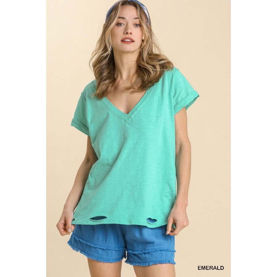 Gathered Short Sleeve V-Neck Knit Top with a Distressed Hem and Side Slits